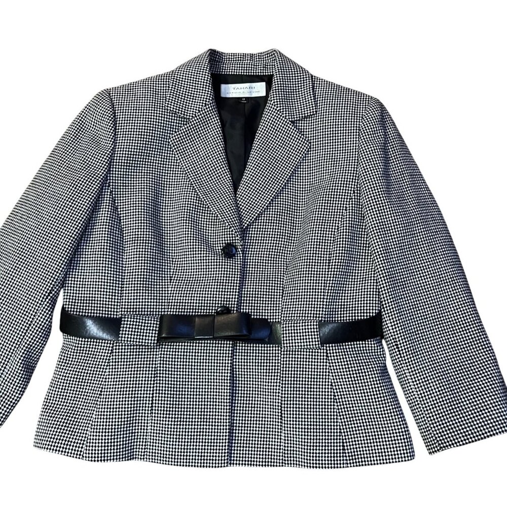 Tahari Houndstooth Suit Jacket Womens 12 Used Lined Belted Blazer - Picture 3 of 16